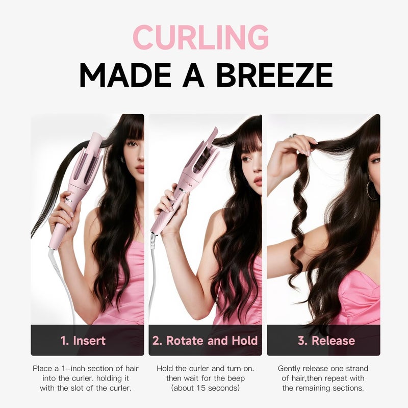 TSUYAGLA 3 in 1 Automatic Curling Iron, Hair Curlers with 3 Curling Barrels (1" - 1.25" - 1.5"), Rotating Curling Iron with 3 Temp, 2-Way Rotation, 10S Fast Heating, Anti-Scald, Dual Voltage, Pink - Image 4